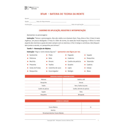 BATERIA DE TEORIA DA MENTE PROTOCOLO DE APLICAÇÃO - KIT COM 10 UNIDADES