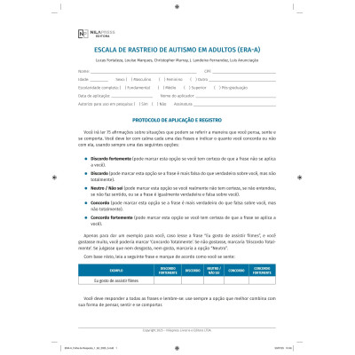 ESCALA DE RASTREIO DE AUTISMO - ADULTOS (ERA-A) - KIT COM 10 PROTOCOLOS DE APLICAÇÃO